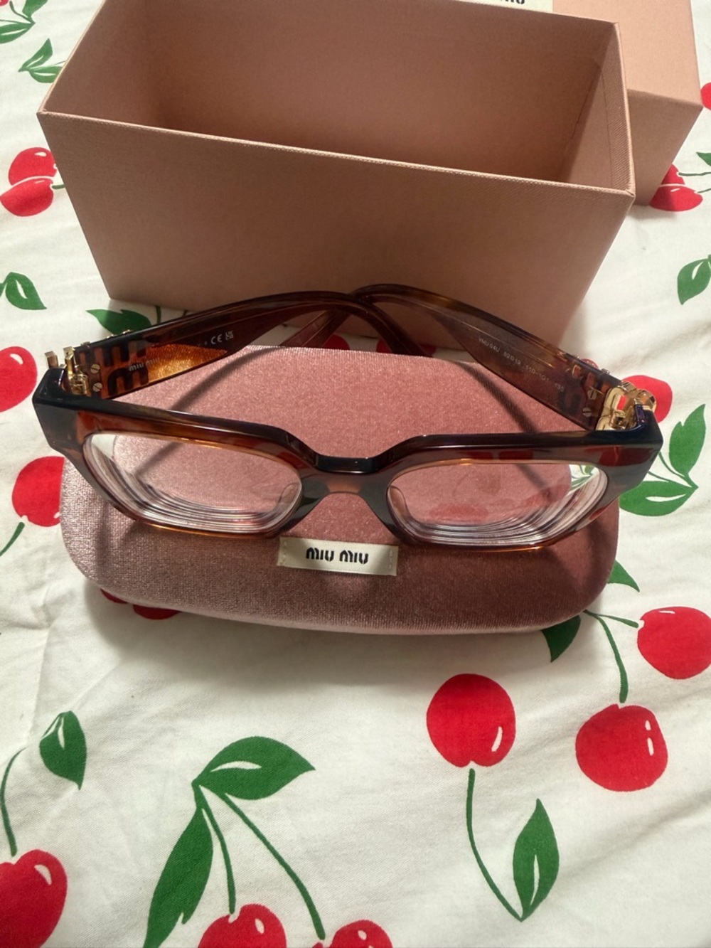 Miu Miu Brown Tortoiseshell Rectangular Women's Eyeglasses with Gold Accents